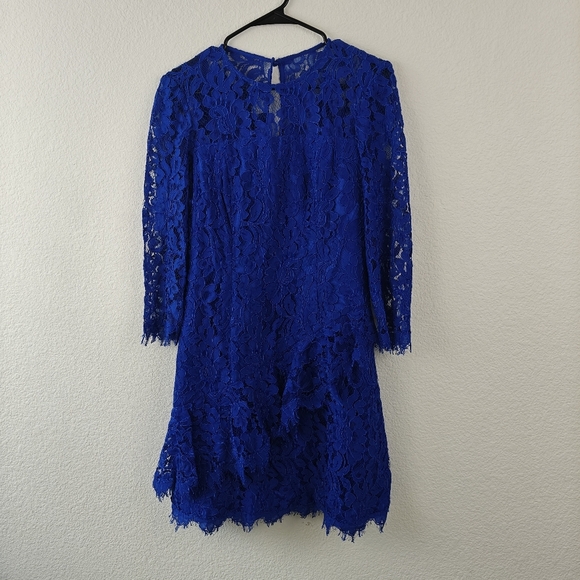 ELIZA J NWOT Cobalt Blue Sheer Lace Ruffle Peplum 3/4 Sleeve Cocktail Dress Sz 6 - Picture 5 of 14